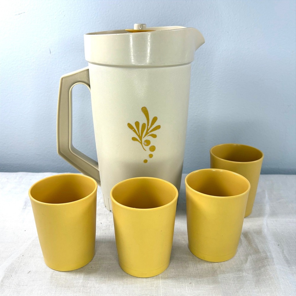 Vintage Tupperware Harvest Gold Pitcher and 4 Tumblers Set